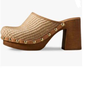 YDN Natural Platform Slip On Clogs Cork High Heel Round Toe Rivet Studded Mules